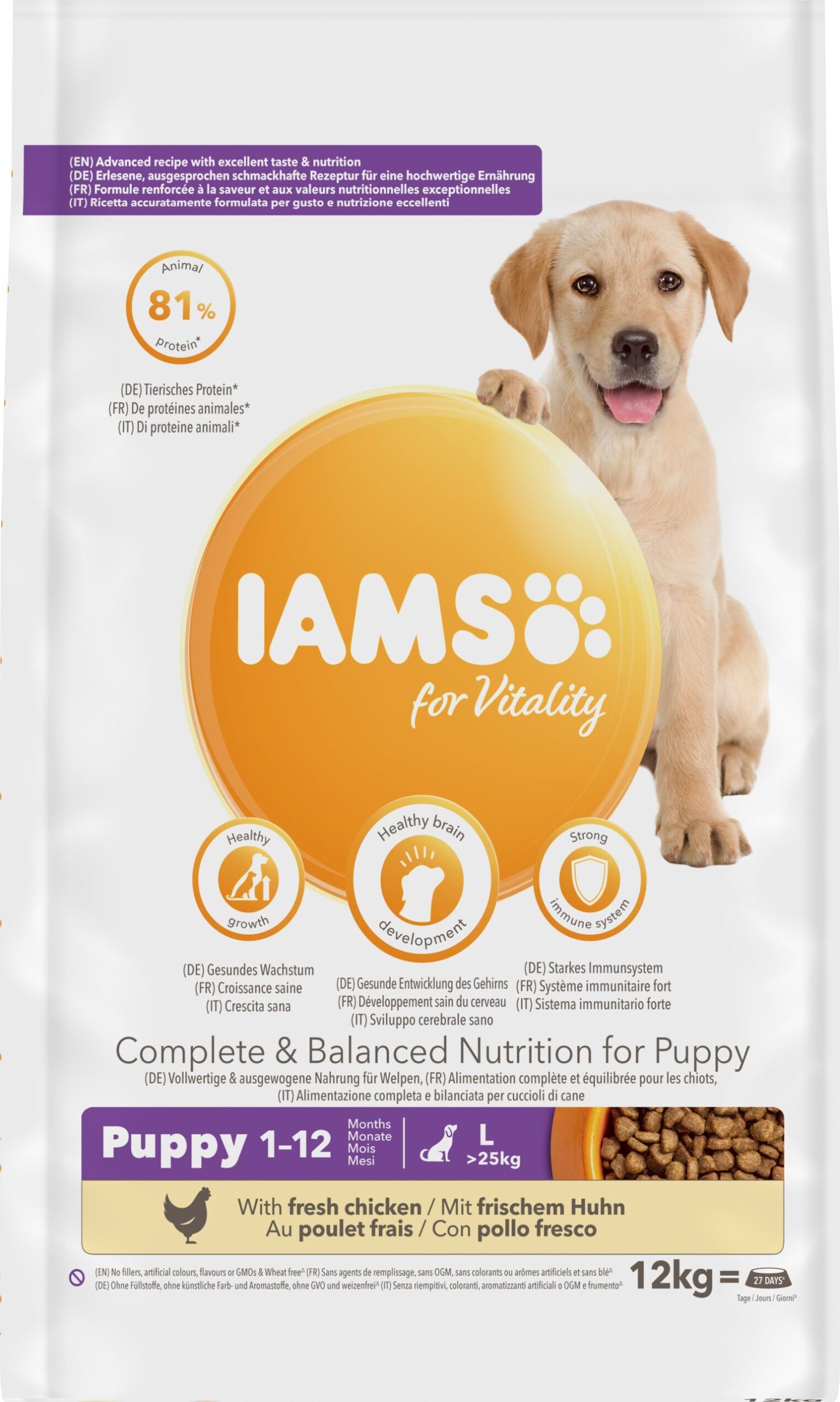 Iams complete & Balanced Nutrition for Puppies Large breeds.